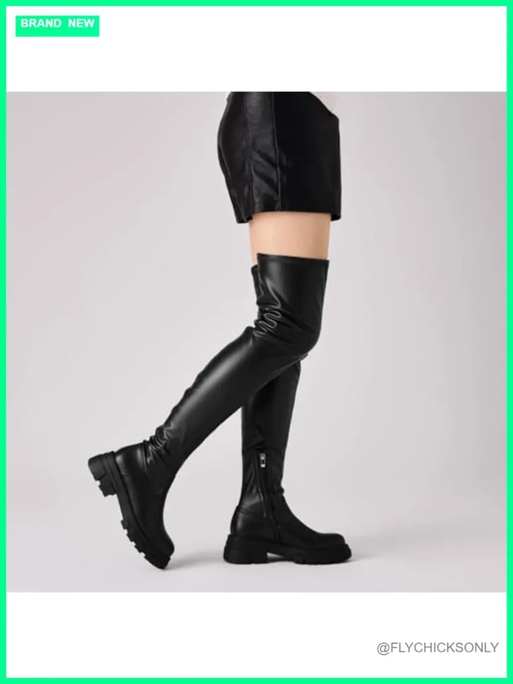 Thigh High Boots Platform Lug Sole Chunky Heels Stretchy Faux Leather Over The